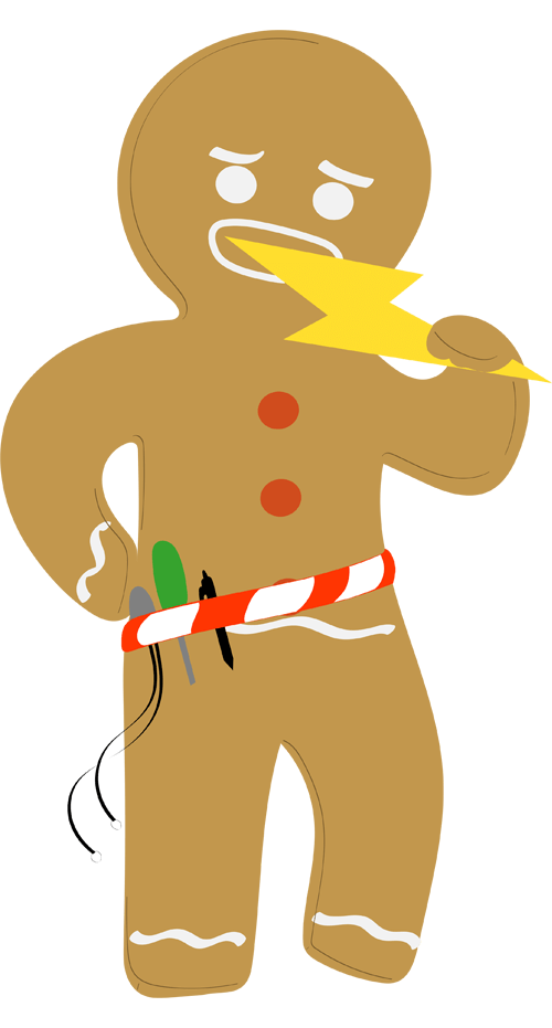 The Ginger Electrics gingerbread electrician holding a lightning bolt