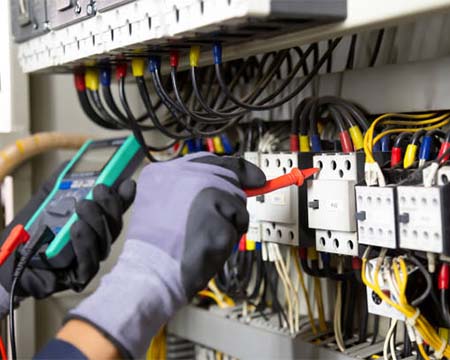Electrician working on a live electrical panel